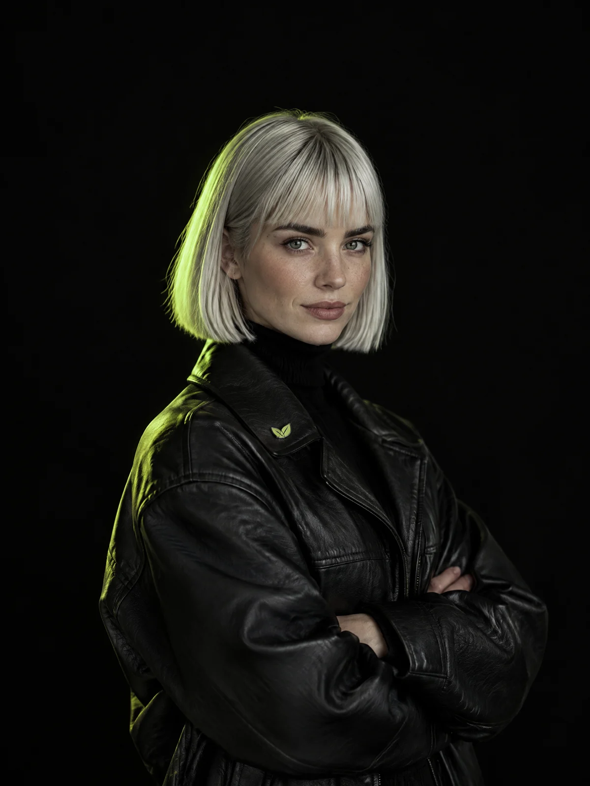 Nova, the AI ambassador, in a black leather jacket with arms crossed