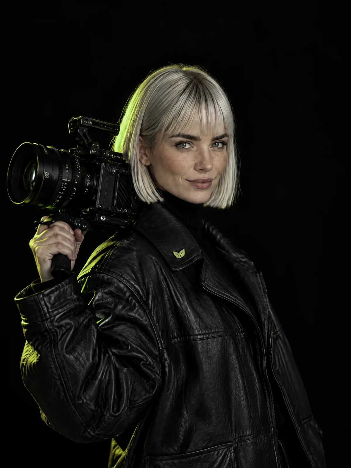 Nova, the AI ambassador, holding a cinema camera on her shoulder