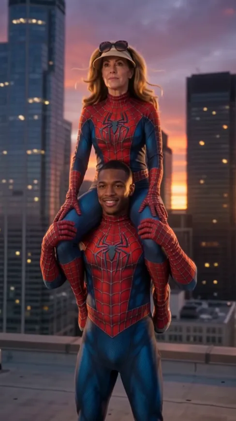 Spiderman Mom and Son Trend AI · Rooftop