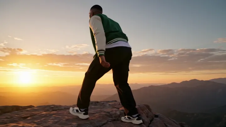 Kling 4.0 example: Man in a varsity jacket climbing a mountain ridge at sunset