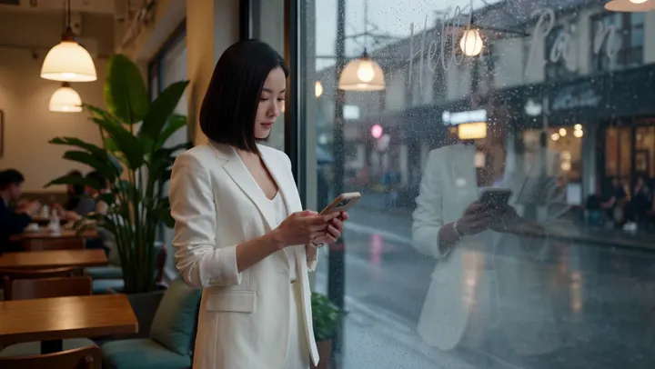 Kling 4.0 example: Woman in a white blazer waiting at a rainy café window