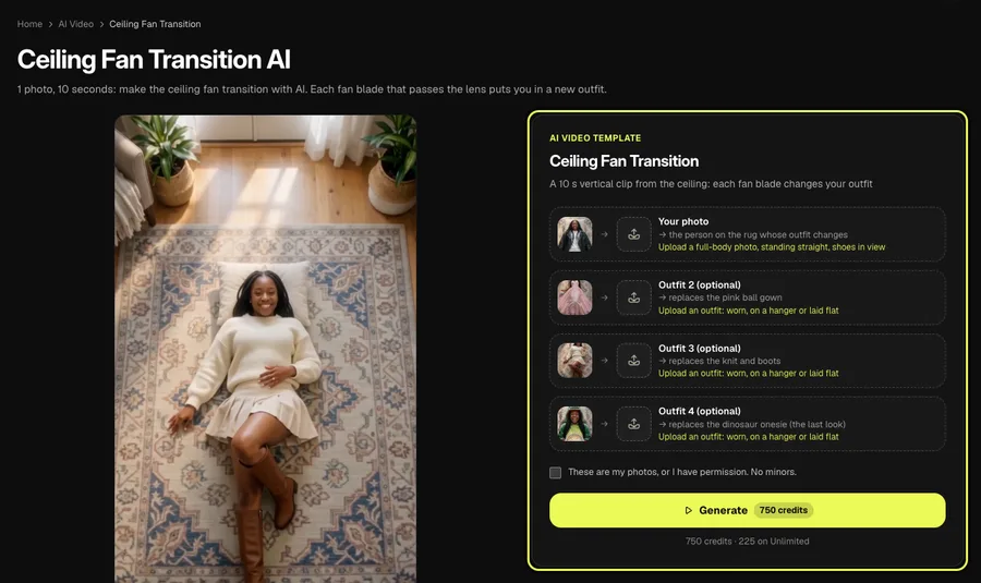 Step 1 on a computer: the ceiling fan transition page with the overhead outfit-change sample