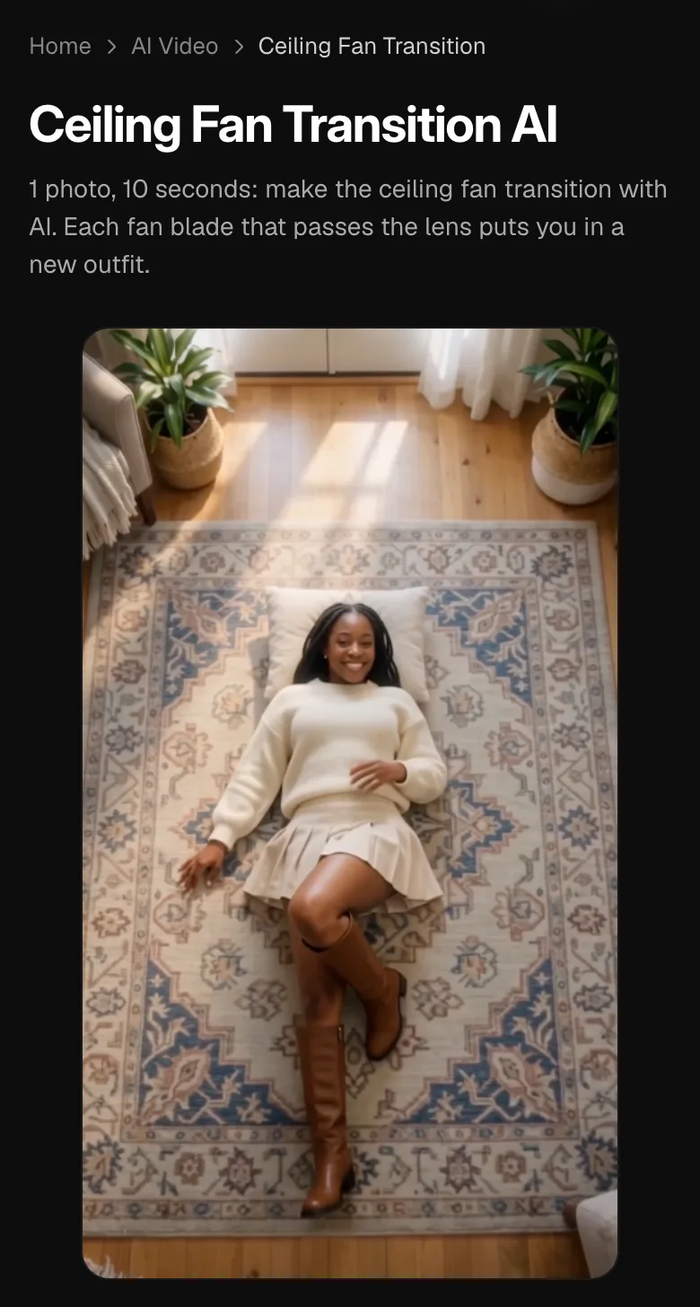 Step 1: the ceiling fan transition page with the overhead outfit-change sample
