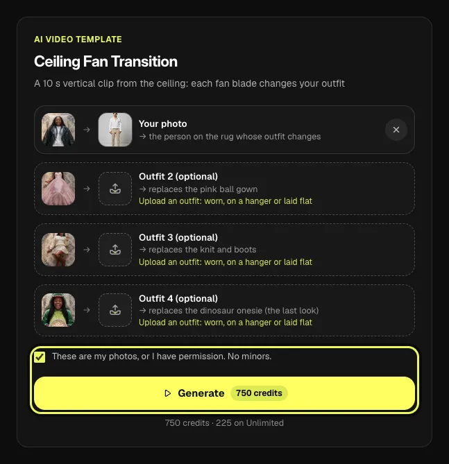 Step 4 on a computer: the permission checkbox and Generate button on the fan transition card