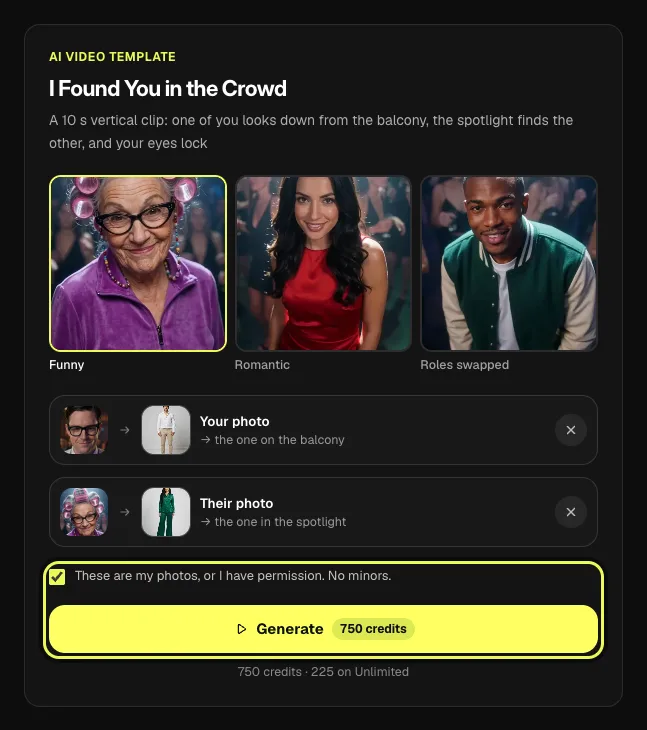 Step 4 on a computer: both photos, the consent box and Generate button