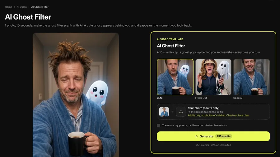 Step 1 on a computer: the AI Ghost Filter page with the sample video and the template card highlighted