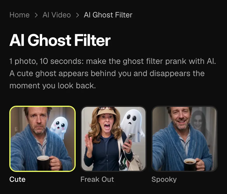 Step 1: the top of the AI Ghost Filter page on a phone, with the title and the three styles