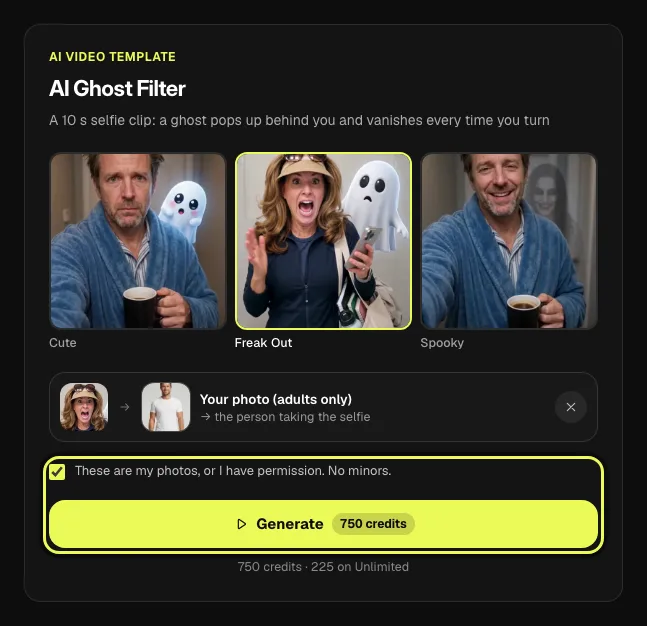Step 4 on a computer: the template card with the photo and Freak Out, the consent box and the Generate button highlighted