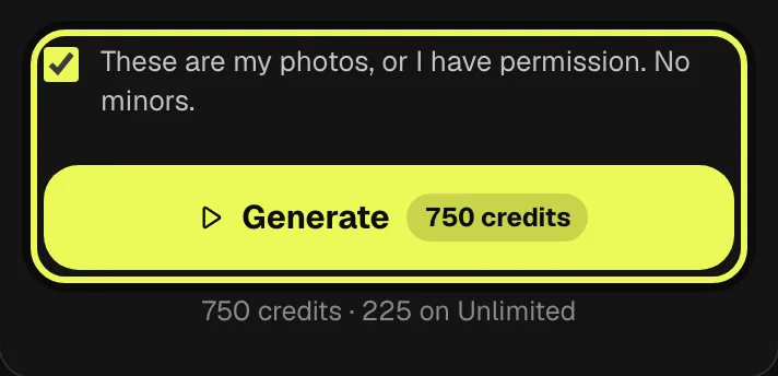 Step 4: the ticked consent box and the Generate button showing 750 credits, highlighted