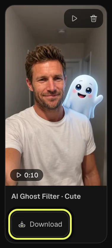 Step 5: the finished AI Ghost Filter video in My creations, with its Download button highlighted
