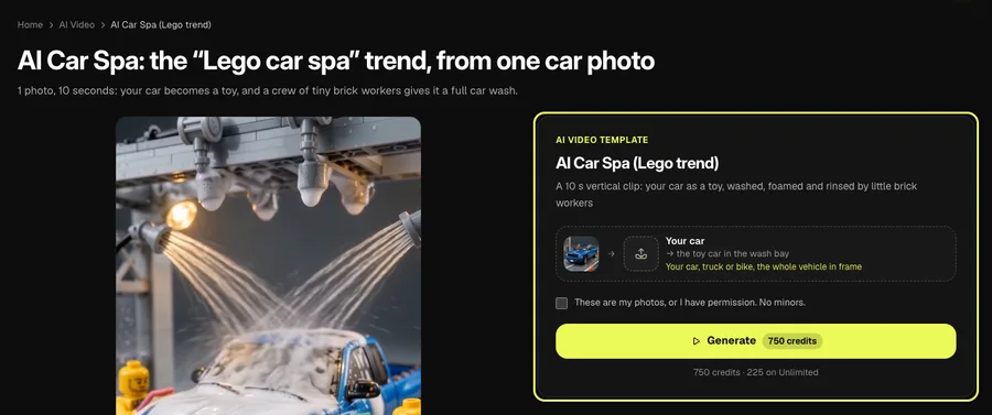 Step 1 on a computer: the AI car spa template card highlighted