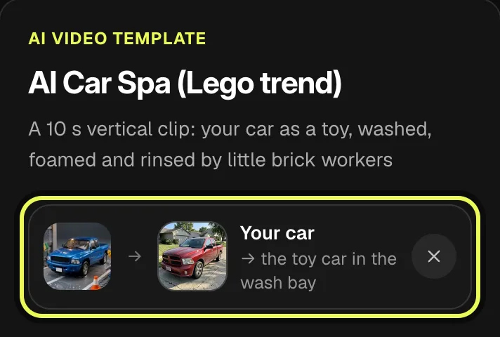 Step 2: the Your car slot filled with the finished example’s pickup photo