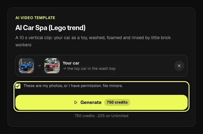 Step 3 on a computer: the vehicle photo, consent box and Generate button