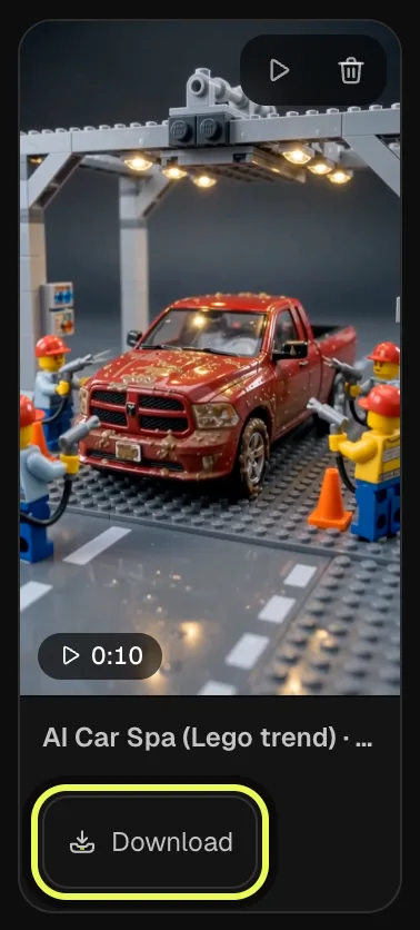 Step 4: the finished AI car spa video in My creations with Download highlighted