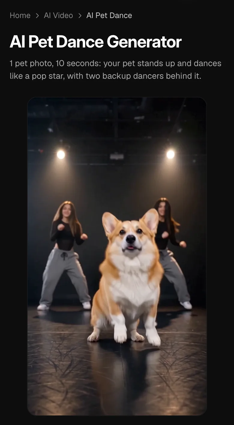 Step 1: the AI Pet Dance page and studio sample on a phone