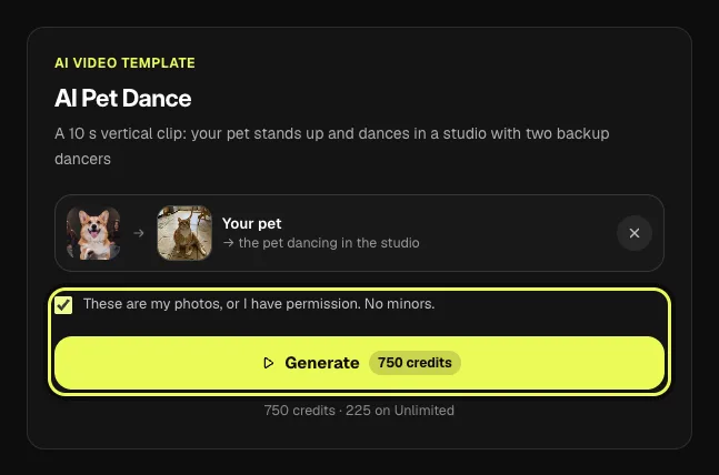 Step 3 on a computer: the pet photo, consent box and Generate button