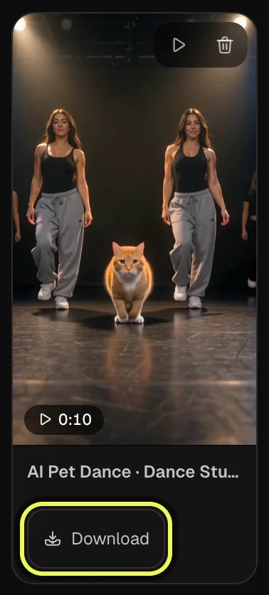 Step 4: the finished pet dance video in My creations with Download highlighted