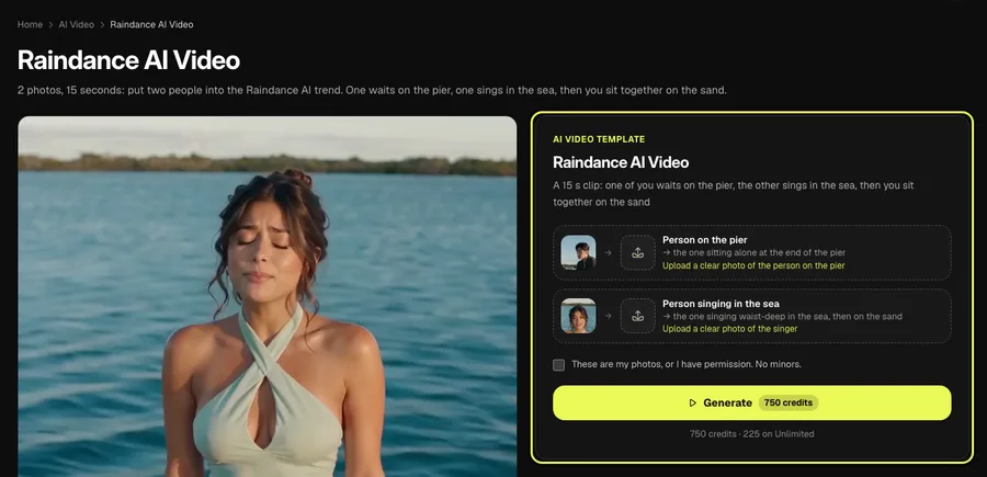 Step 1 on a computer: the Raindance AI Video page with the sample video and the template card highlighted