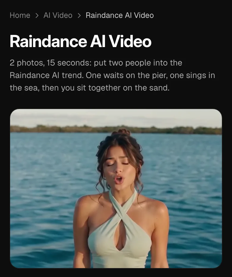 Step 1: the top of the Raindance AI Video page on a phone, with the title and the sample video