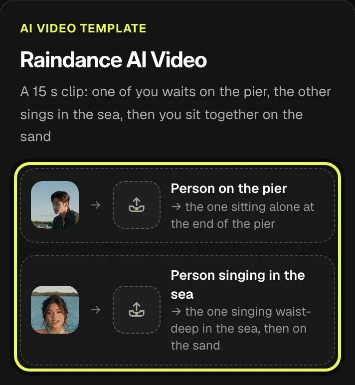 Step 2: the two empty photo slots, Person on the pier and Person singing in the sea, highlighted