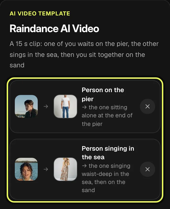 Step 3: both photo slots filled, a man on the pier and a woman in the sea, highlighted