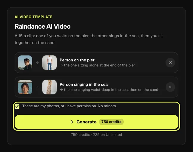 Step 4 on a computer: the template card with both photos, the consent box and the Generate button highlighted