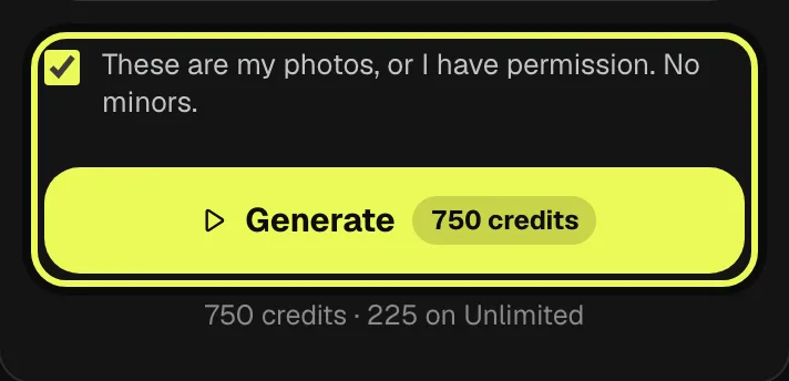 Step 4: the ticked consent box and the Generate button showing 750 credits, highlighted
