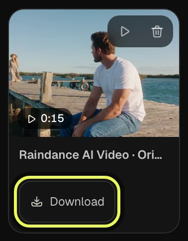 Step 5: the finished Raindance AI video in My creations, with its Download button highlighted