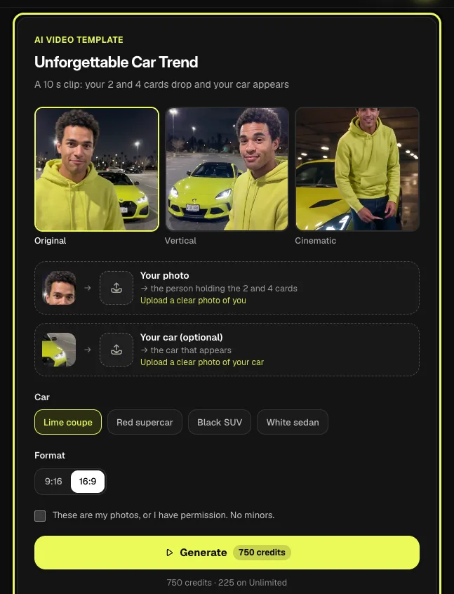 Step 1 on a computer: the Unforgettable car page with its three style choices