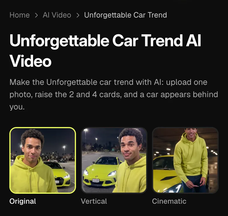 Step 1: the Unforgettable car page with its three style choices