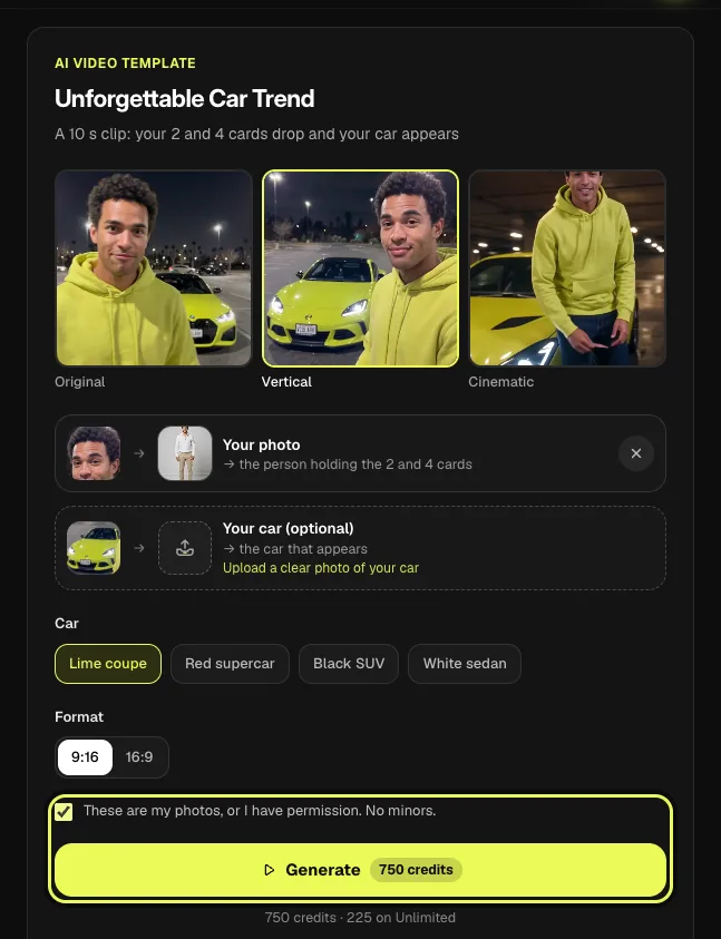 Step 4 on a computer: the permission checkbox and Generate button in the car reveal card