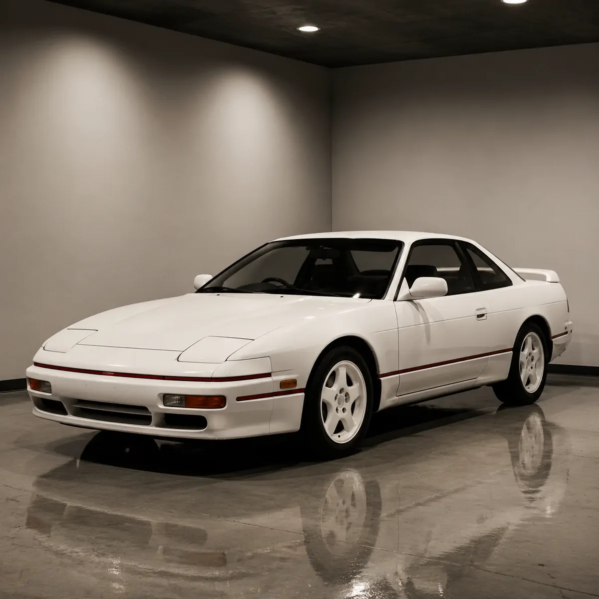 White coupe in a minimal concrete studio