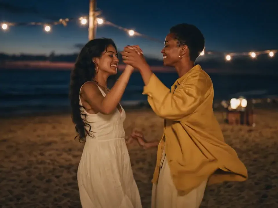 Two friends dancing on a beach at night under string lights