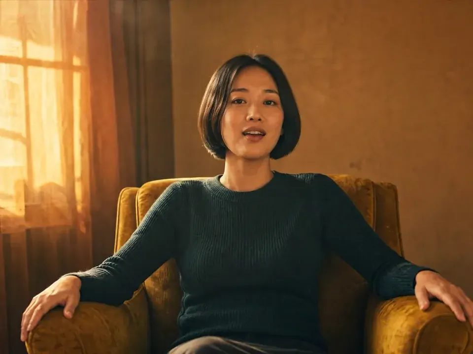 Woman singing in an armchair in a warm orange room