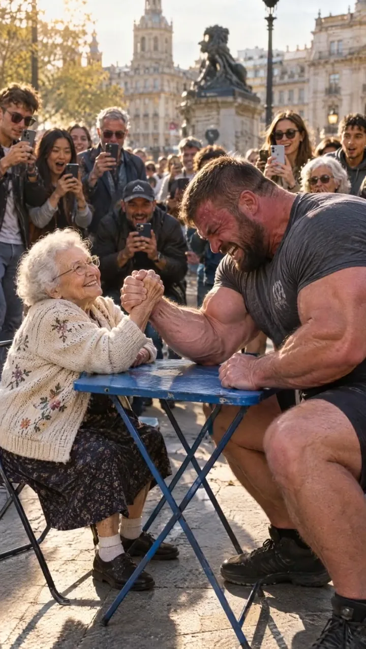 Grandmother beating a giant at arm wrestling in a city square