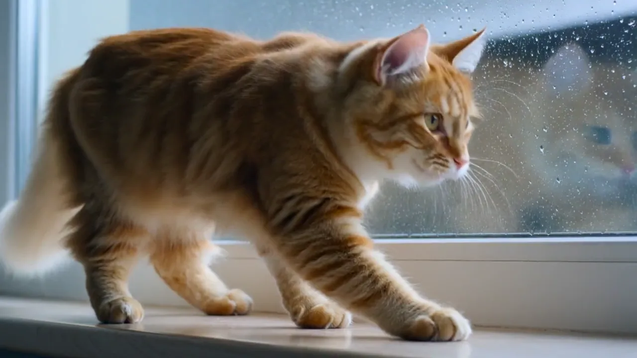 Ginger cat on a rainy windowsill, made with Kling