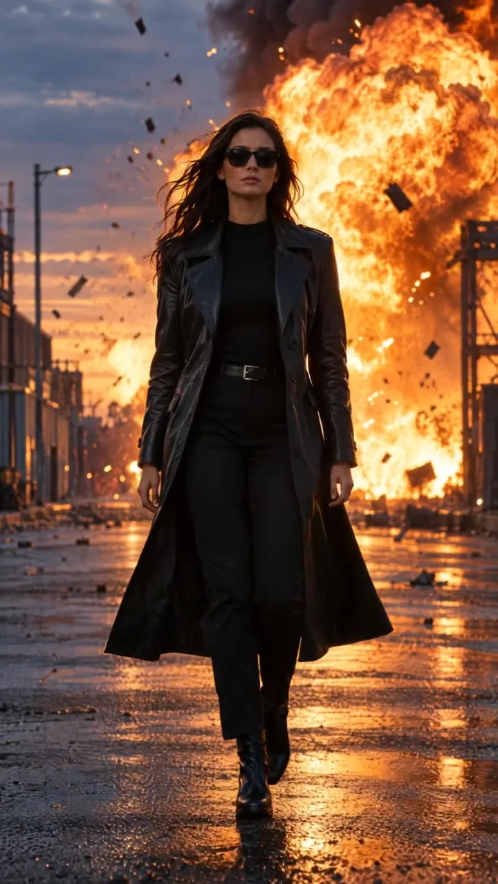 Woman in a black coat walking away from a huge explosion