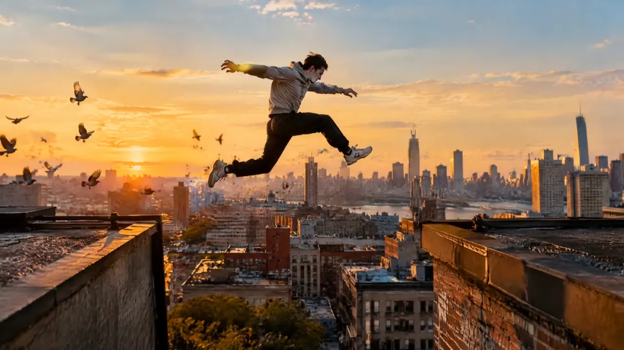 Parkour athlete frozen mid-leap between rooftops at golden hour