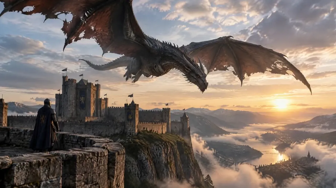Dragon flying over a castle on a cliff at sunrise