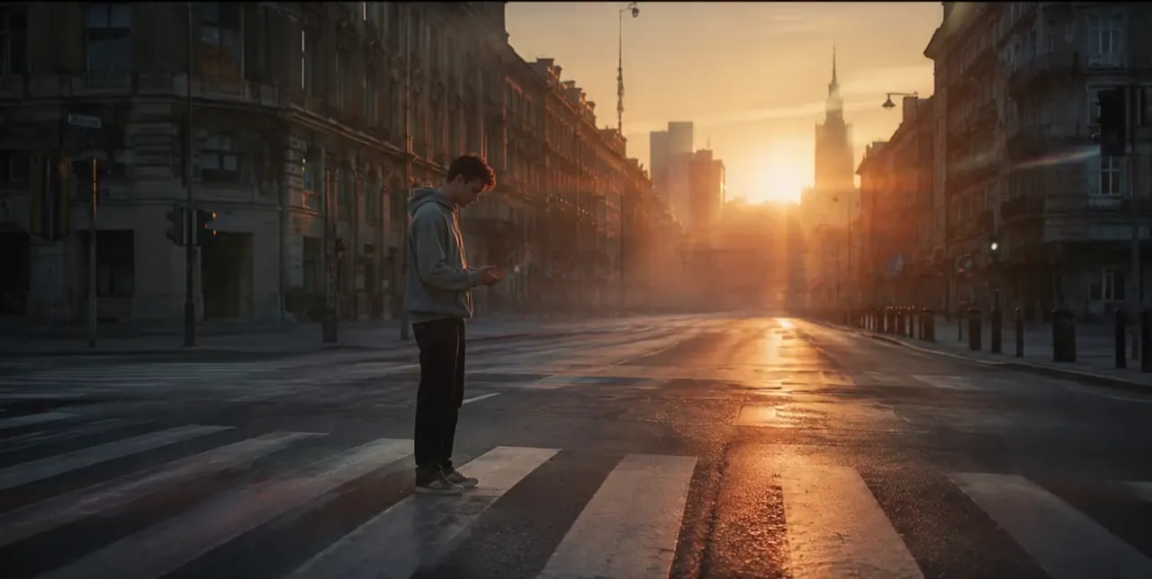 Man disintegrating into glowing dust on a city crosswalk at sunset