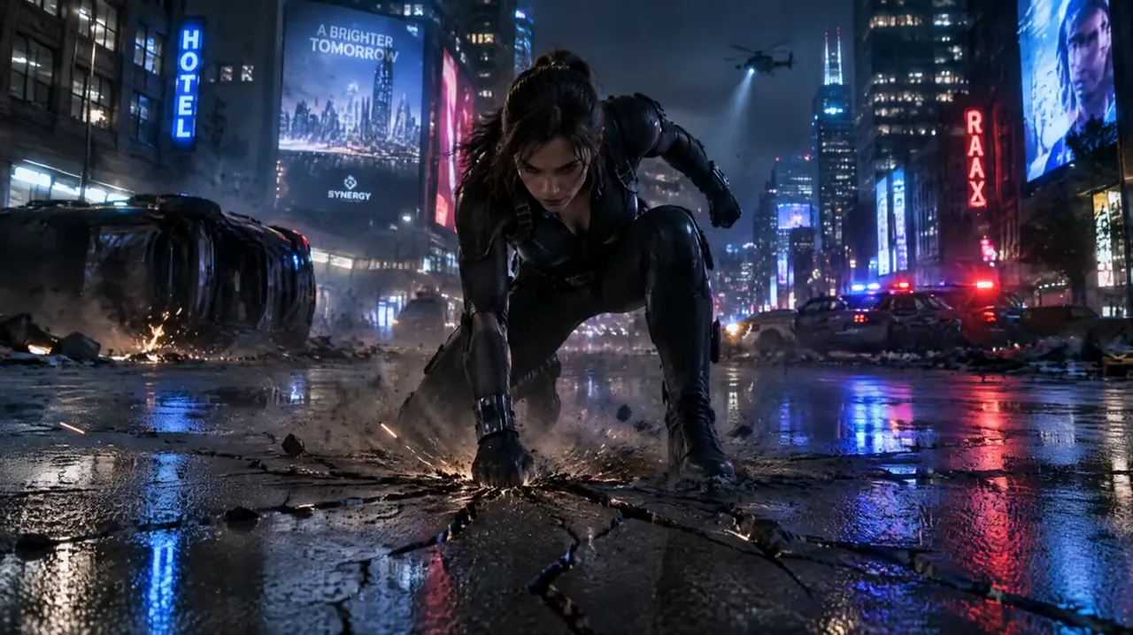 Heroine landing on a neon-lit wet street, cracks spreading