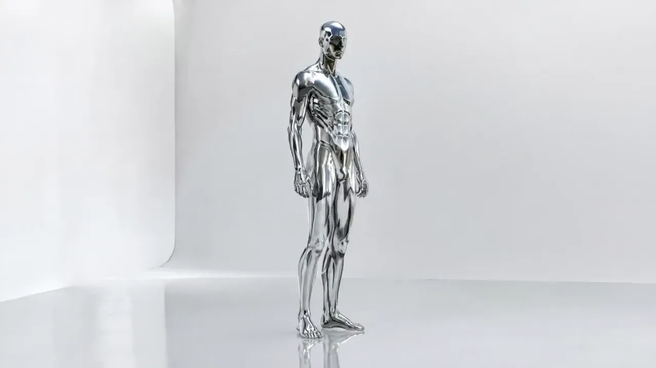 Chrome liquid metal figure melting and reforming in a white studio