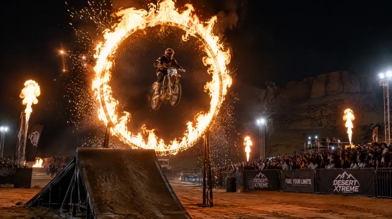 Motorcycle rider jumping through a ring of fire at night