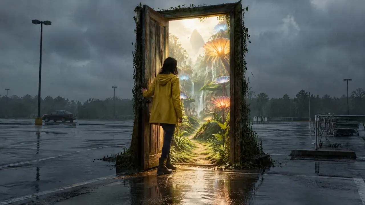 Woman in a yellow raincoat stepping through a door into a glowing jungle