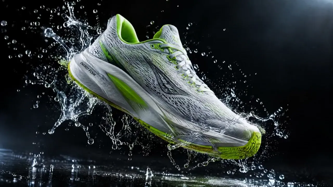 White and lime sneaker spinning in mid-air with water splashes