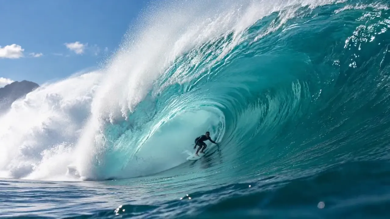 Surfer riding through the barrel of a huge turquoise wave