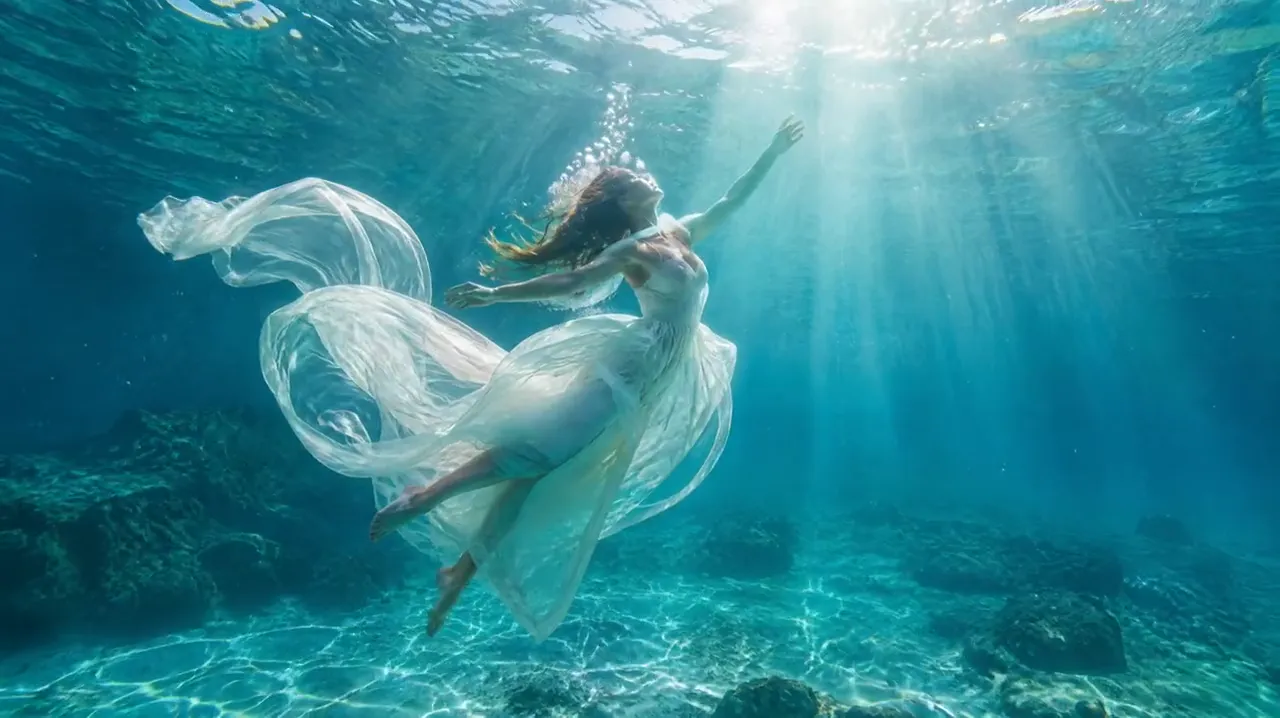 Dancer in a white dress floating in turquoise water with sun rays