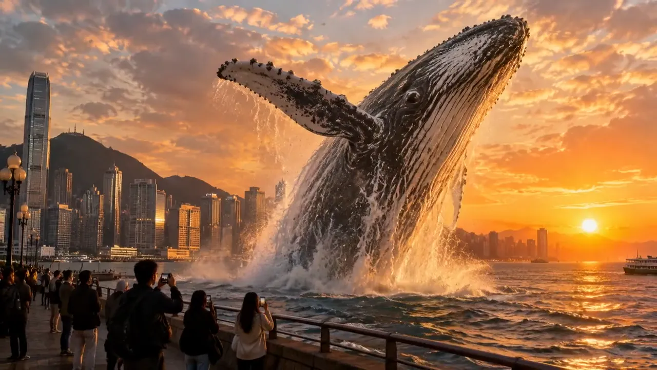 A giant whale breaching beside a city waterfront