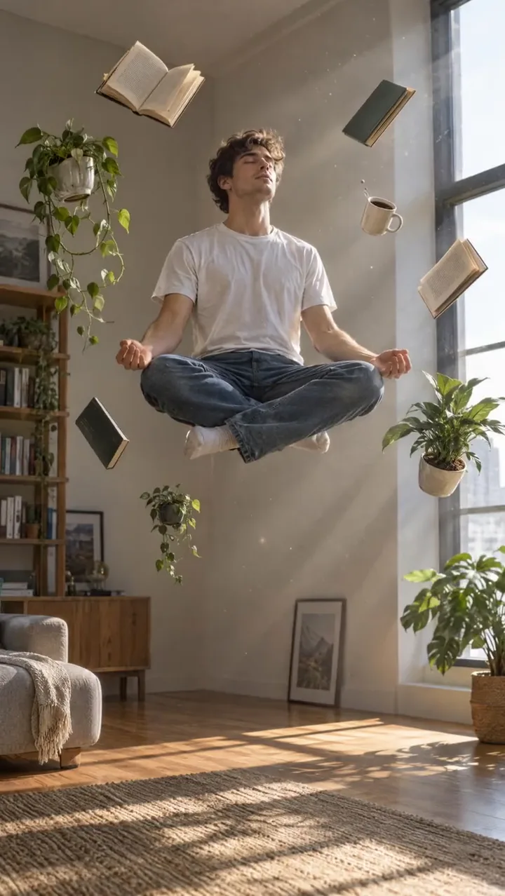 Man floating in mid-air in a sunlit apartment with books drifting around him