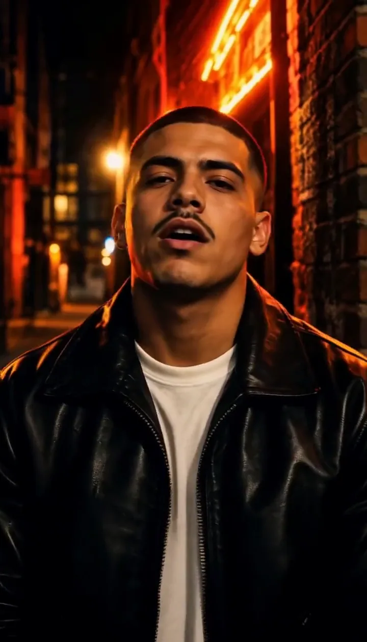 Man rapping to the camera in a neon alley